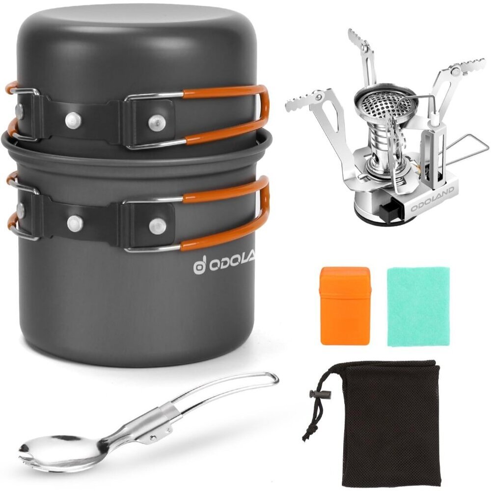 6pcs Camping Cookware Mess Kit with Lightweight Pot, Stove, Spork and Carry Mesh